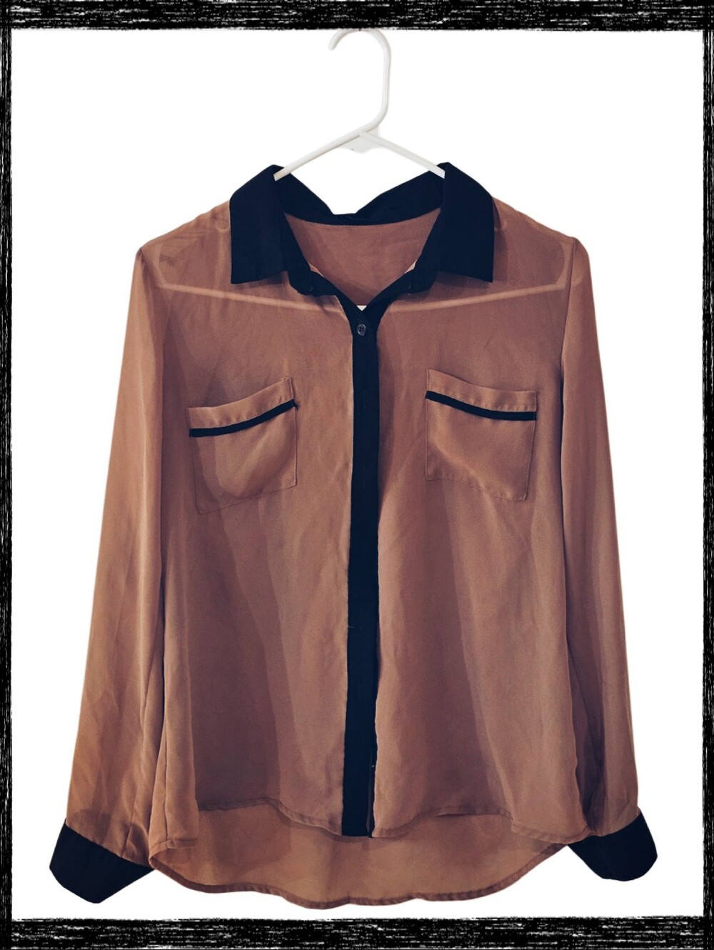 MINE Chiffon Sheer Colorblock Button Down Blouse Mocha Black Size M